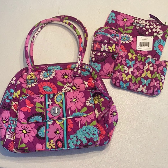 Vera Bradley Handbags - Vera Bradley Flutterby Pattern Handbag and Cosmetics Trio